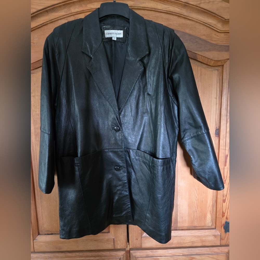 Men's XL 100% Leather Jacket Coat Black Charles Klein Vintage